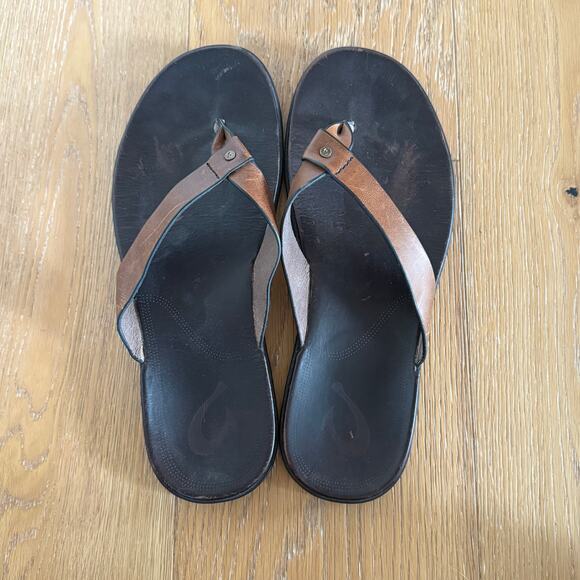 Olukai Solid Leather Black Brown Flip Flops Men’s Size 11 - Picture 1 of 3